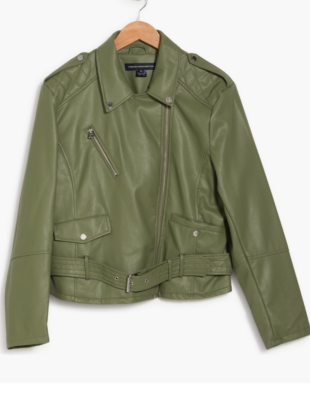 French Connection Asymmetrical Olive Green Faux Leather Moto Jacket XS